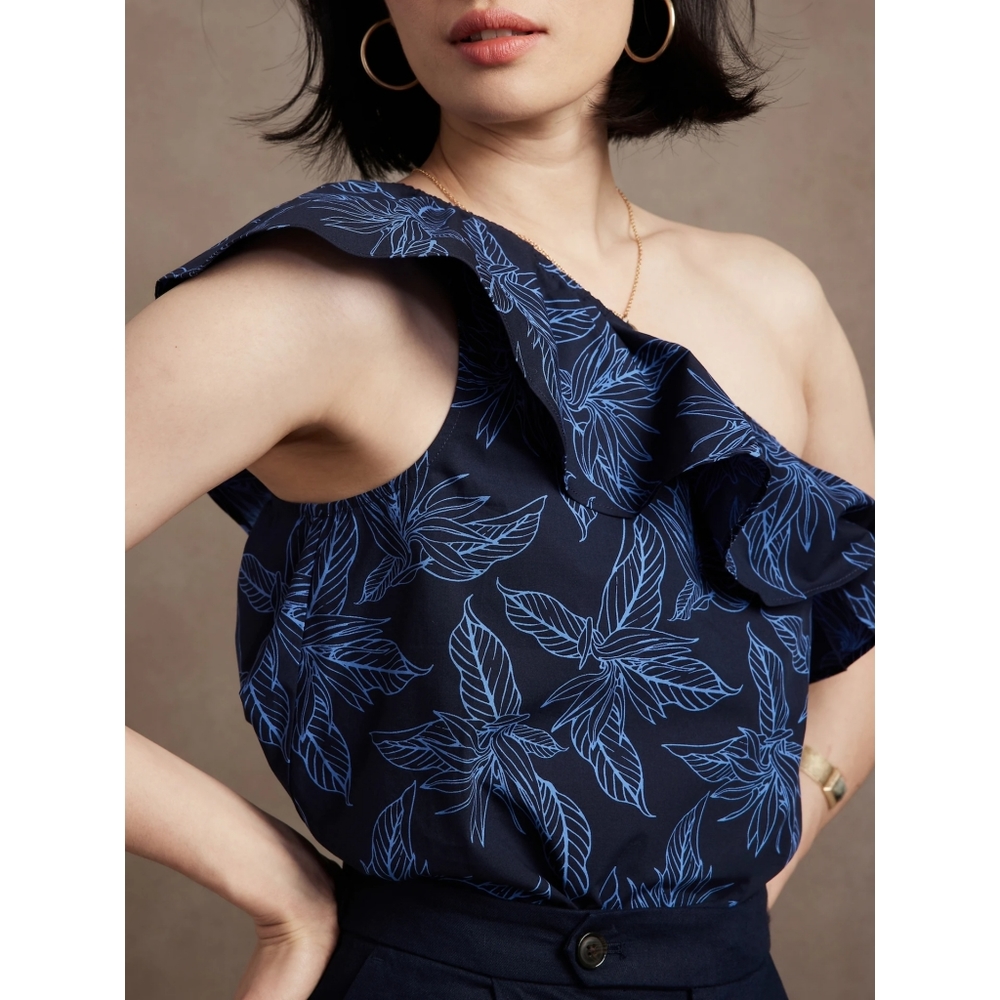 NWOT • banana republic ruffle one-shoulder top in "preppy navy" | size large